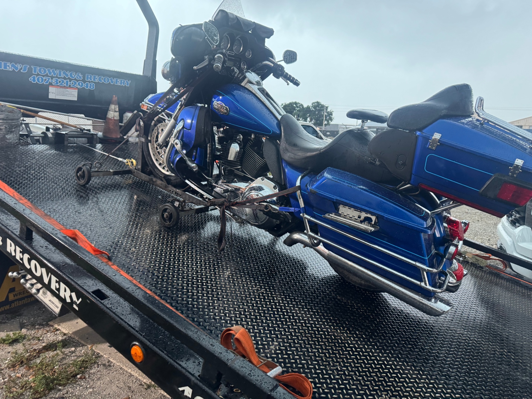 Harley-Davidson secured on Athens Towing flatbed